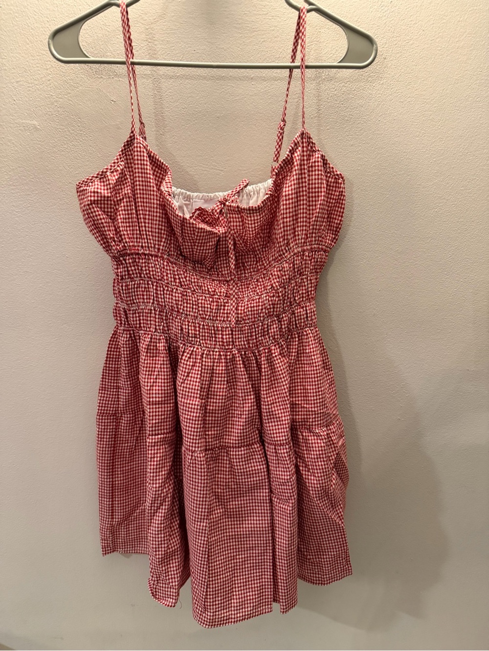 Red Gingham Smocked Tie Front Mini Dress Cottagecore Picnic Summer Tiered Skirt